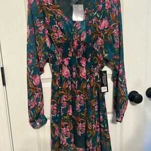 Fate Teal and Pink Floral Long Sleeve Dress